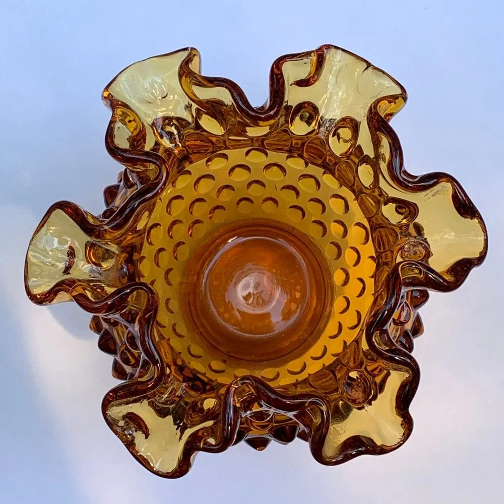 Vintage Fenton Amber Glass Footed Hobnail Vase with Ruffled Edge - Picture 5 of 12
